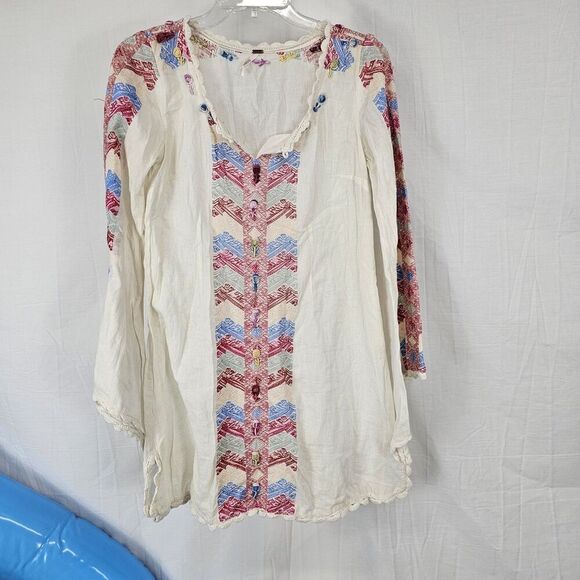 RARE Free People Embroidered Bell Sleeve Boho Mini Dress Misty Meadow $168 Sz 2 - Picture 1 of 6